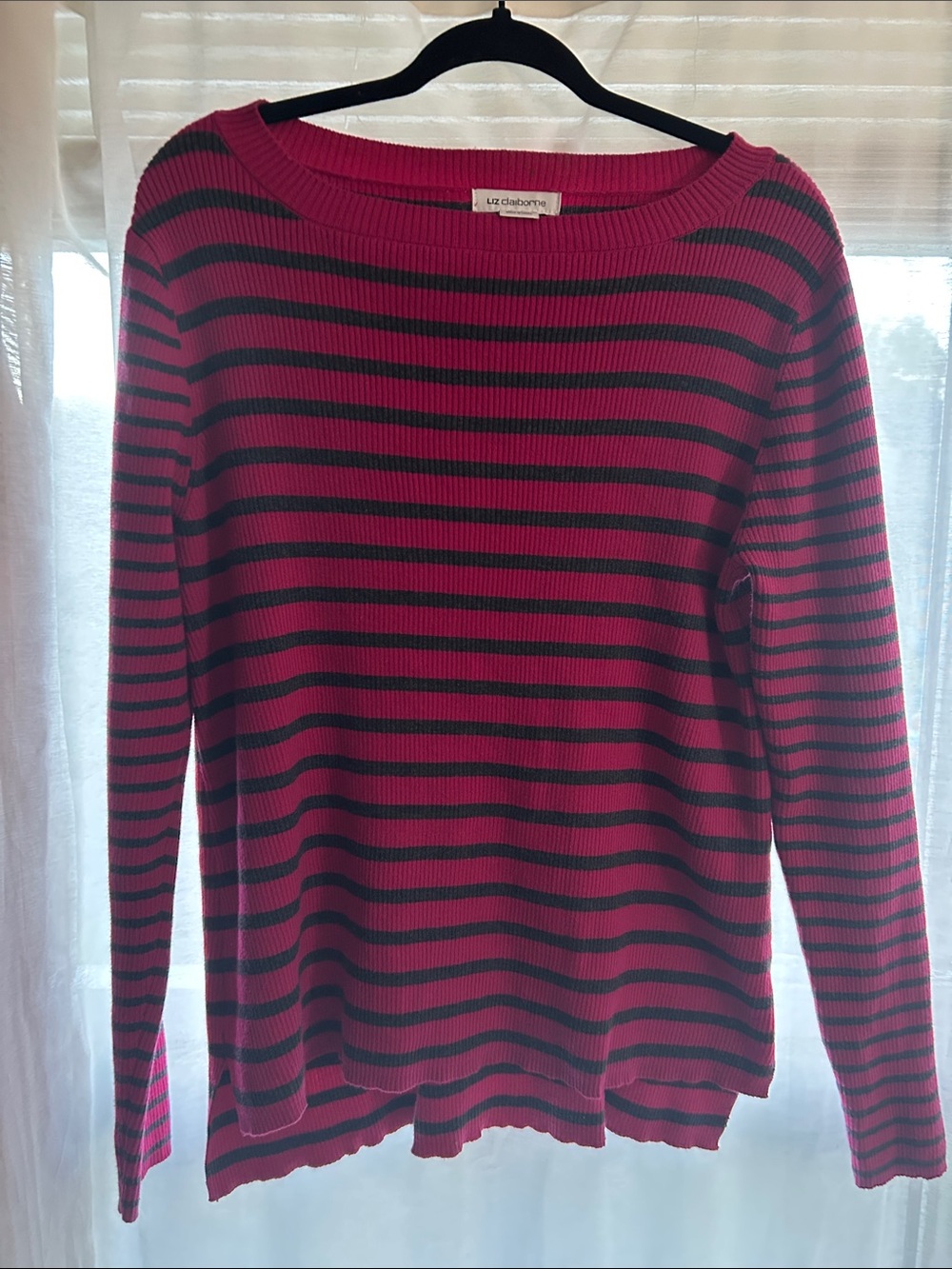 Liz Claiborne Fuchsia and Black Striped Scoop Neck Sweater
